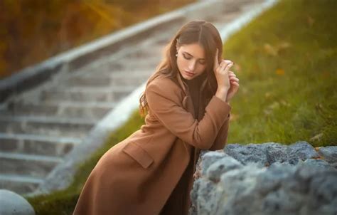 Wallpaper Girl Grass Women Brunette Stairs Red Nails Dmitry Shulgin Trench Coat For
