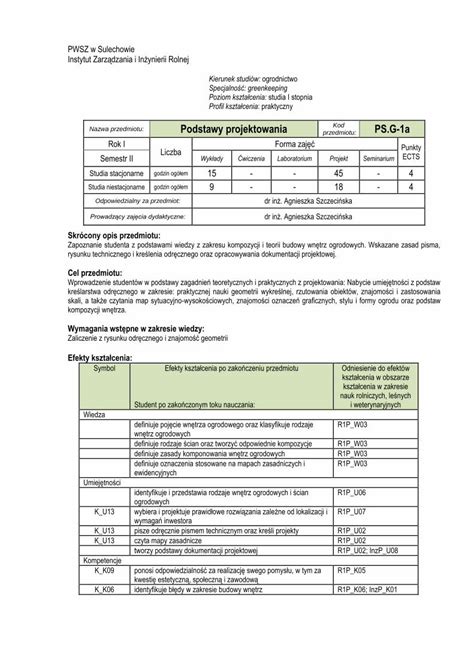 Pdf Podstawy Projektowania Kod Ps G A Przedmiotu Dobrza Ski T