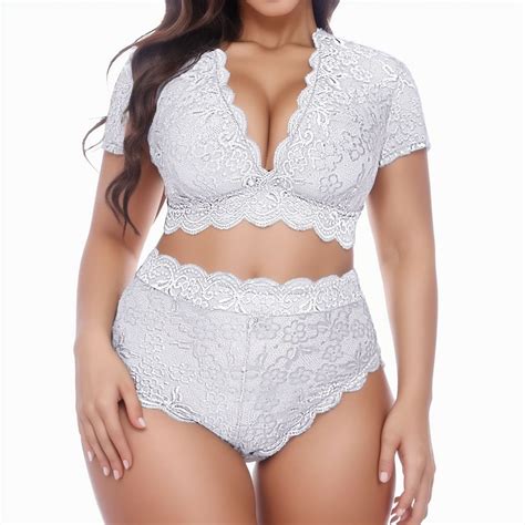 Plus Size Sexy Lingerie V Neck High Waist Floral Lace Criss Cross Bra