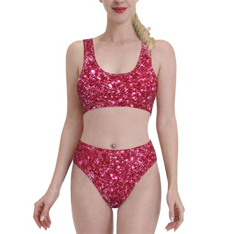 Daiia Pink Glitter Women S Bikini Swimsuit Two Piece Swimsuit High Waisted Slim Fit High Leg