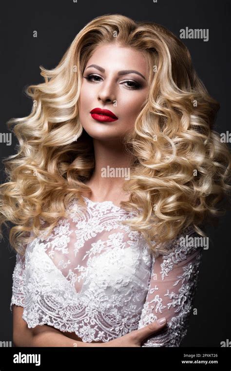 Beautiful Blonde Bride In Wedding Image With Curls Red Lips Beauty Face Picture Taken In The