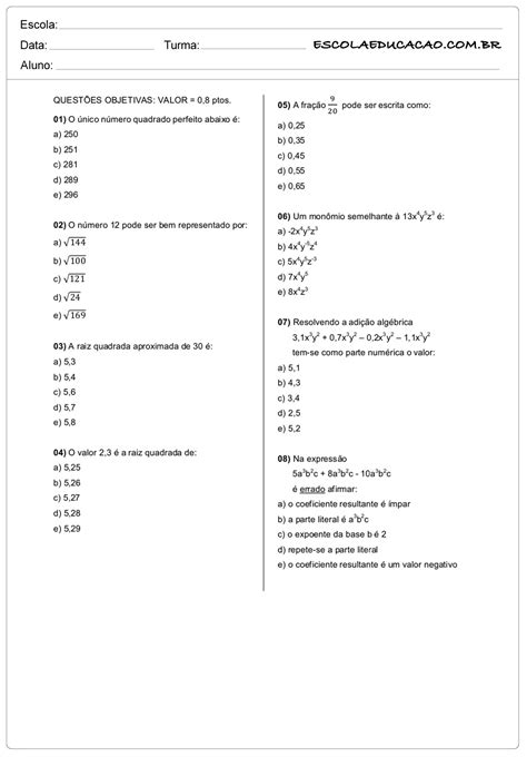 Atividades De Matemática 8º Ano Questões Objetivas Escola Educação