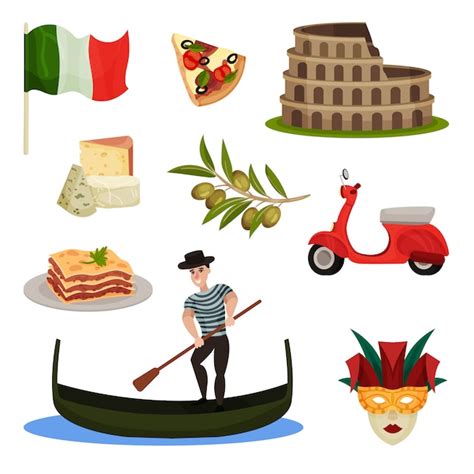 Conjunto de símbolos tradicionales de italia ilustración Vector Premium