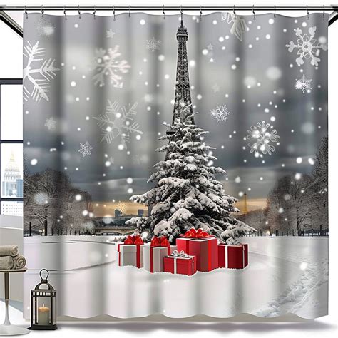 Ultra Realistic Christmas Bathroom Shower Curtain With Eiffel Tower