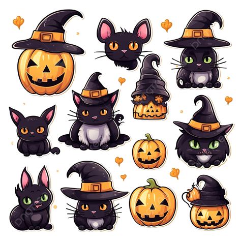 Conjunto De Lindas Pegatinas De Halloween Ojos De Gato Negro Sombrero