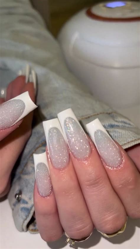 KQueenest White Glitter French Tip Press On Nails Medium Long Coffin Natural Nude Gel Nails