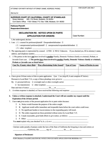 Form Fl004 Declaration Re Notice Upon Ex Parte Application For