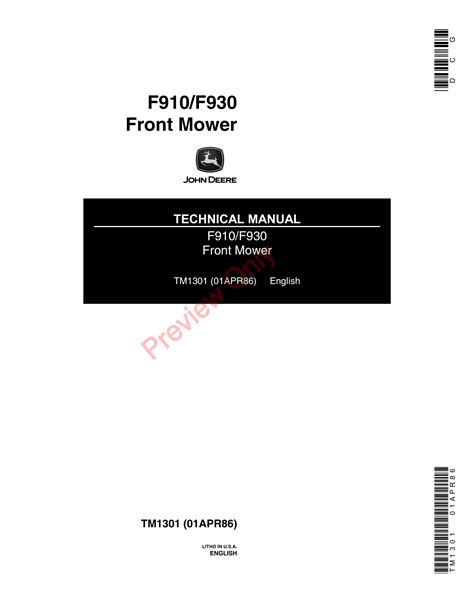 John Deere F910 F930 Front Mowers Technical Manual Tm1301 01apr86