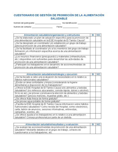 Cuestionario Nutricion - CUESTIONARIO DE GESTIÓN DE PROMOCIÓN DE LA