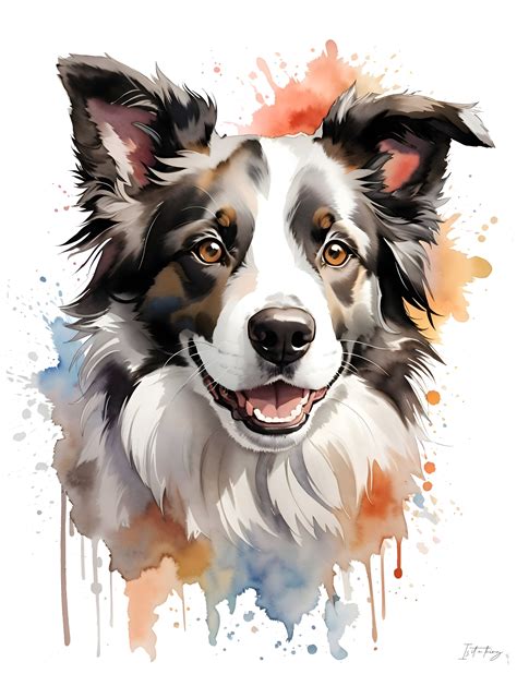 Border Collie Watercolour Digital Print On Satin Canvas Wall Art Image