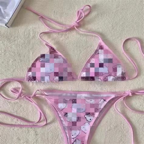 Sanrio Kt Pink Bikini Swimsuit Breathable Polyester Summer Beach Vacation Swimwear Kawaii