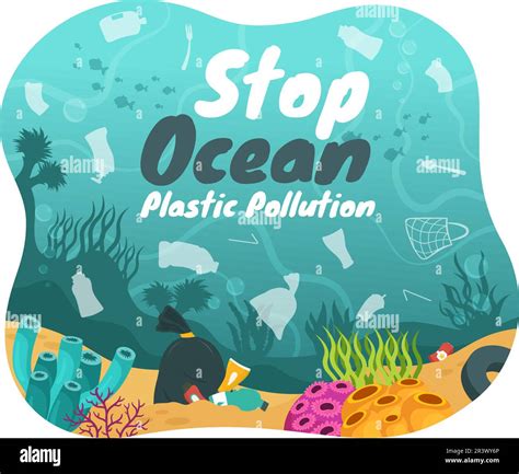 Stop Ocean Plastic Pollution Vector Illustration With Trash Under The