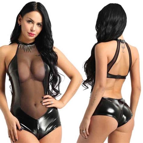 Womens Leather Zipper Crotch Bodysuit Catsuits Halter Leotards Jumpsuit