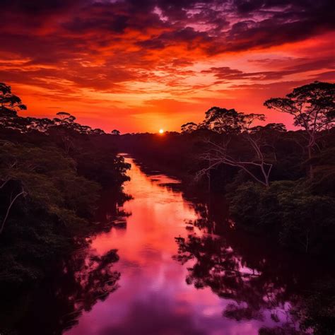 Premium AI Image | Sunset on the river and forest