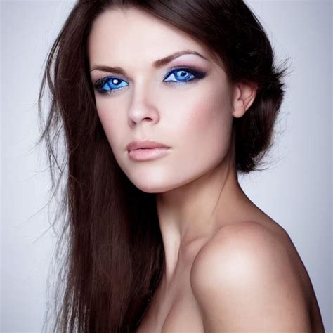 Portrait Of A Beautiful Brunette Woman With Blue Eyes Arthub Ai