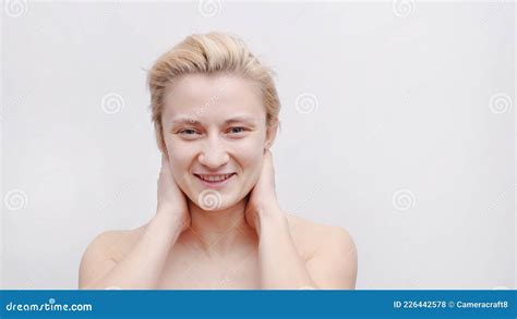 A Beautiful Blonde Topless Model With Short Hair Hands Behind Her Head Stock Photo Image Of