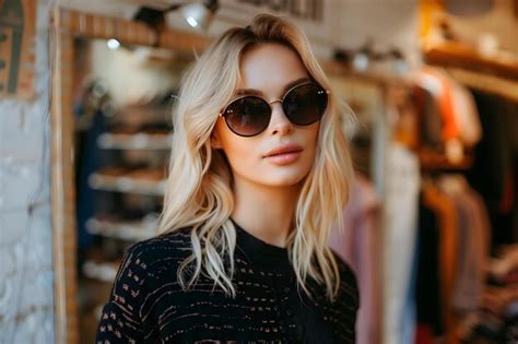 Premium Photo Stylish Blonde Woman In Sunglasses Posing At Clothing Store Studio Portrait