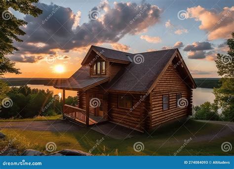 Log Cabin House with View of Lake and Sunsets Stock Image - Image of ...