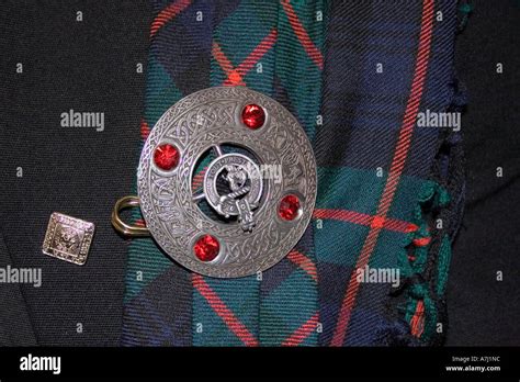 Round Jewelled Scottish Celtic Brooch Securing Plaid Scottish Tartan