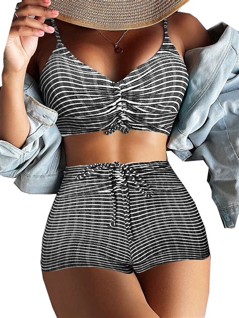 Swmmer Liket Women S Modest Swimsuits Drawstring Cute High Waisted Bikini Sets For Women Bandeau