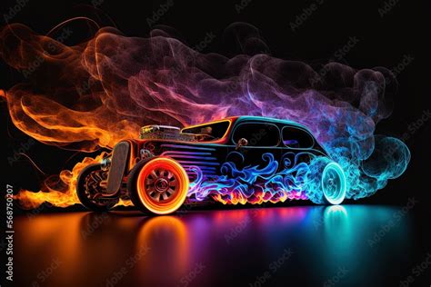 A hot rod burning on fire of different colors with dark background