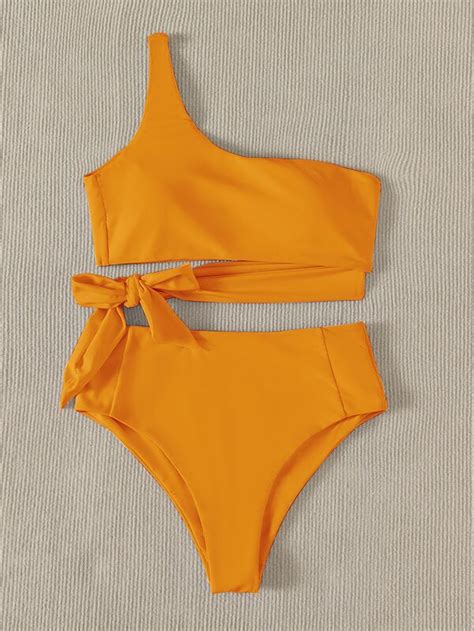 SHEIN Swim Vcay Set Bikini Unicolor Nudo Lateral Un Hombro Bikini Sin Aros Y Bottom De Cintura