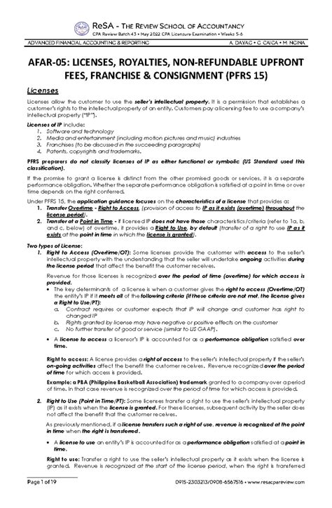 AFAR-05 (Licenses, Royalties, Upfront Fees, Franchise Consignment