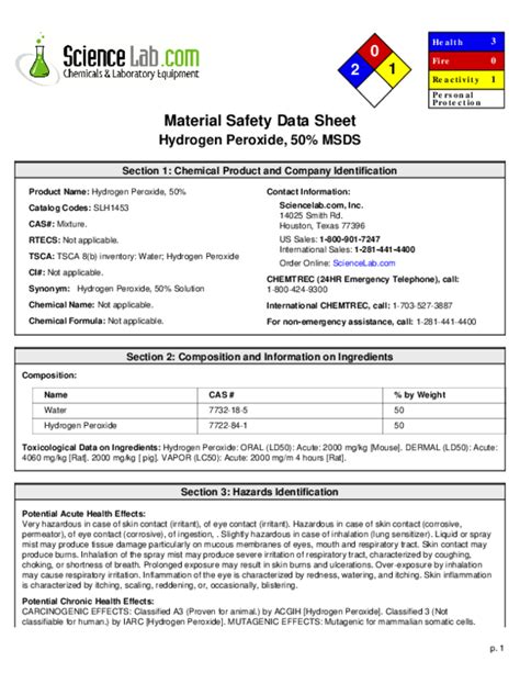 Pdf Material Safety Data Sheet Hydrogen Peroxide 50 Msdsspecific