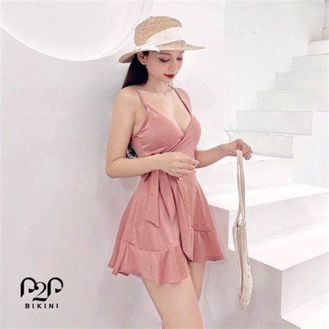 Monokini hai dây cột nơ eo váy xòe hồng nude P P Bikini Thương hiệu đồ bơi nữ đồ bơi nam