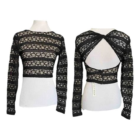 ALICE OLIVIA Black Nude Lace Long Sleeve Top With O Gem