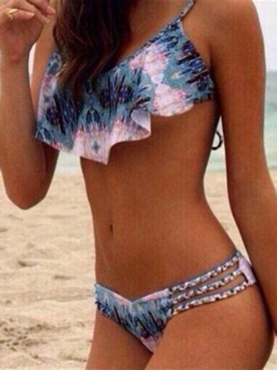 Blue Halter Tie Dye Print Ruffle Bikini Top And Strappy Bottom Chiclookcloset