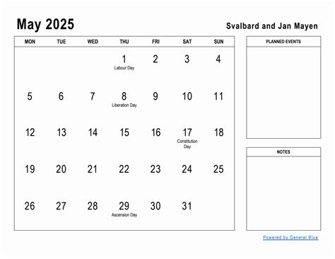 May 2025 Planner with Svalbard and Jan Mayen Holidays