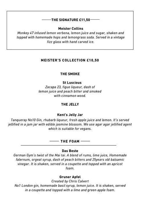 Meister Bar - The German Gymnasium Menu - Zomato UK