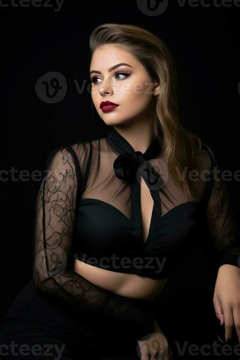 Beautiful Woman In Black Lingerie Posing On Black Background Generative