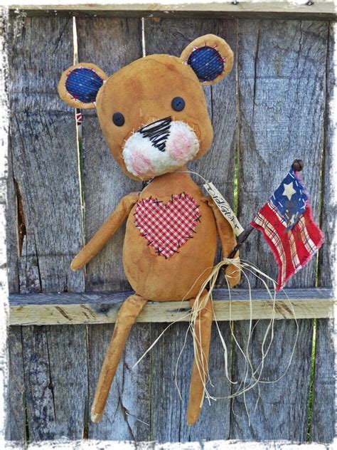 Patriotic Teddy Bear Primitive Americana Folk Art Red White Etsy