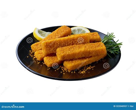 Fish Fingers In A Black Plate Isolated On White Background Stock Image