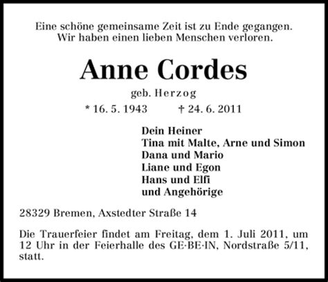 Traueranzeigen Von Anne Cordes Trauer Gedenken