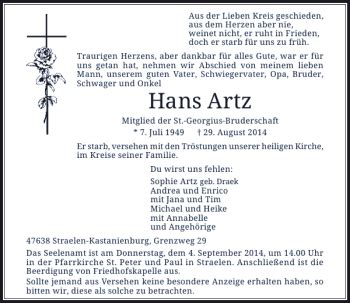 Alle Traueranzeigen für Hans Artz trauer rp online de