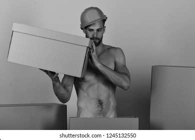 Man Standing Naked Cardboard Box Macho Stock Photo 1245132550