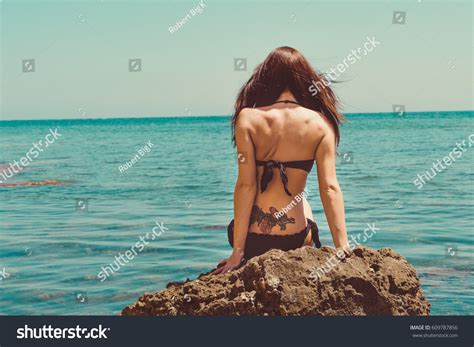 Brunette Woman Black Swimwear Sitting On Beach Images Stock Photos Vectors Shutterstock