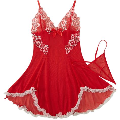 Women Lace Lingerie Sexy Bow Mesh Sheer Babydoll V Neck Mini Chemises Negligees With G