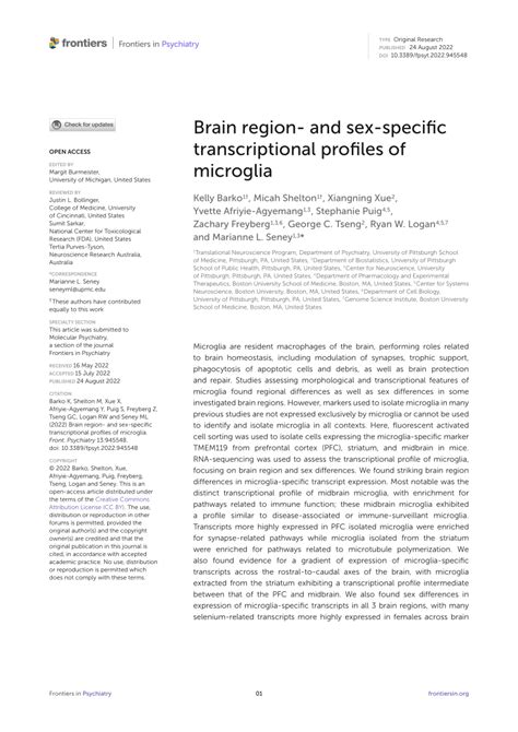 PDF Brain Region And Sex Specific Transcriptional Profiles Of Microglia