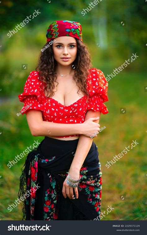 Pretty Brunette Curly Girl Red Gipsy Stock Photo Shutterstock