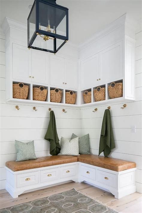 Charming Cottage Mudroom Features An L Shaped White Built In Bench