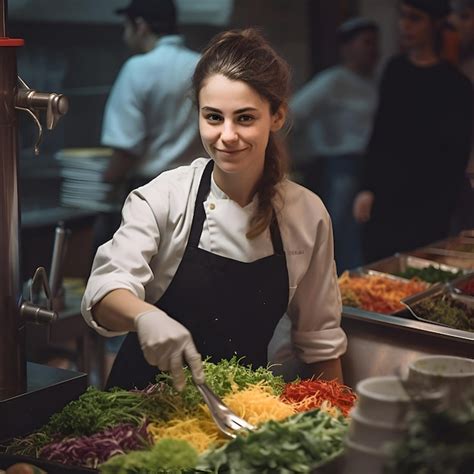 Mujer Joven En Una Cocina De Un Restaurante Preparando Ensalada Fresca