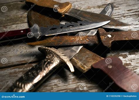 Set Of Old Hunting Handmade Knives Stock Photo - Image of weapon ...