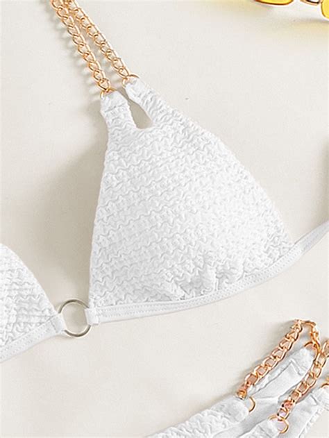 SHEIN Swim SXY Bañador bikini micro triángulo vinculado con aro con diseño de cadena con cordón