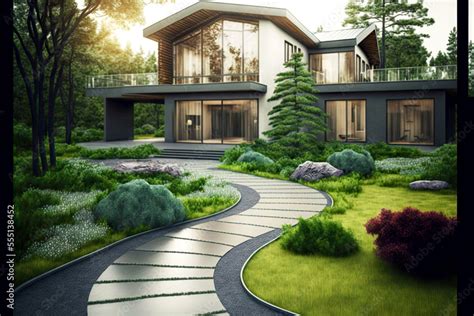 Rural residence in form of modern house with tiled driveway and garden Stock Illustration ...