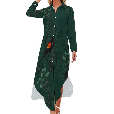 Red-Winged Blackbird Pattern Long Sleeved Shirt Dress festival outfit