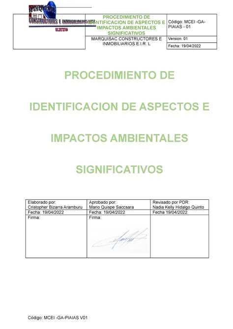 Procedimiento DE Identificación DE Aspectos E Impactos Ambientales